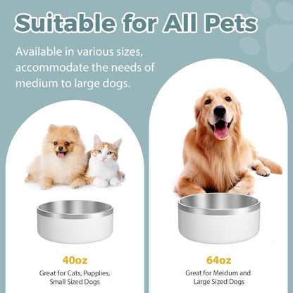 LIANLAI Dog Bowls Large Sized Dishes, Rust-Resistant Stainless Steel Dog Bowls, No Spill Pet Water Bowl, Double-Walled Puppy Bowl (White，64 oz)