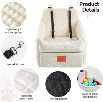 Dog Car Seat for Small/Medium Dogs, Dog Booster Car Seats with Thick Cushion for Dogs Under 35lbs, Detachable Washable Pet Carseat with Storage Pockets, 2 Safety Belts(Beige)