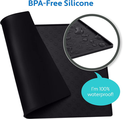 MIGHTY MONKEY 100% Waterproof Dog Food Mat, Raised Edges Silicone Pet Feeding Placemat for Cat, Dogs, Pet Bowls, High Lipped Tray Prevents Water Spills, Food on Floor, Dishwasher Safe, 24x16, Black