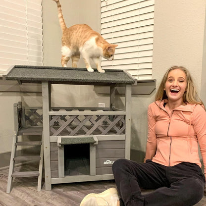 Aivituvin Cat House Outdoor Indoor Feral Kitty Shelter with Escape Door for Cats, Weatherproof Roof
