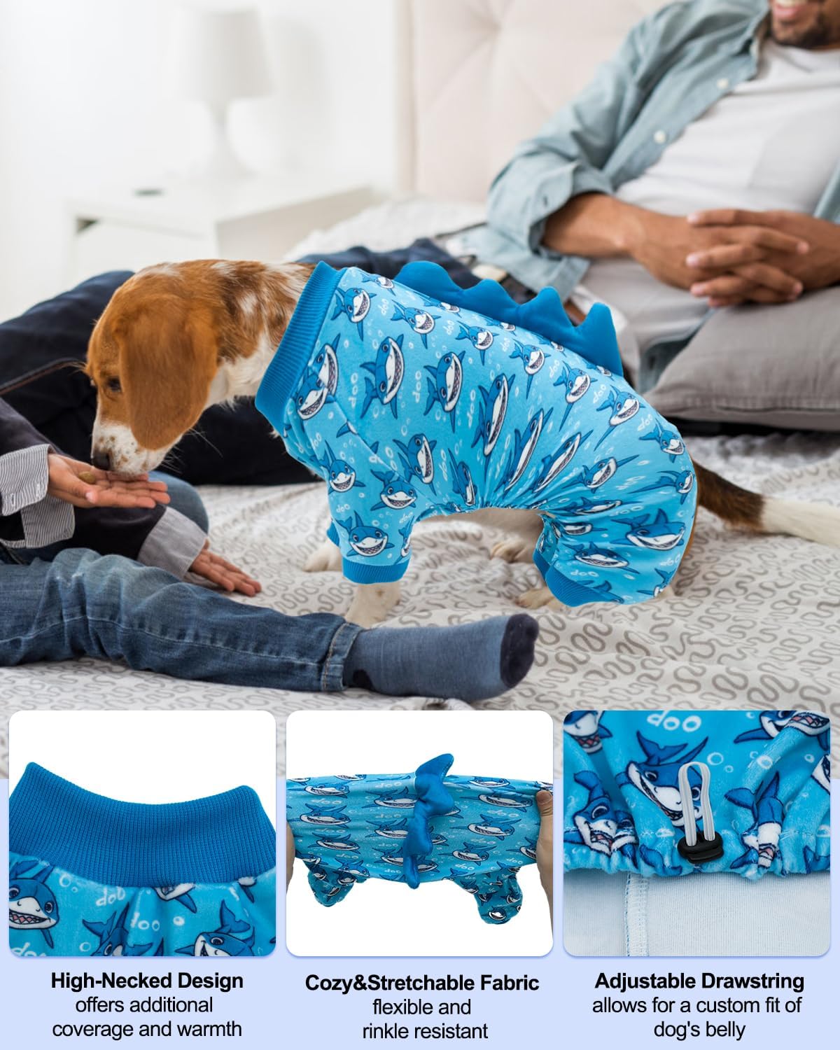 CuteBone Shark Costume Dog Pajamas, Stretchy Spandex Crystal Velvet Sleepwear Coat for Small Dogs, Soft & Warm Pet Outfit Clothes for Cold Weather, Cozy Pullover Design COSP07S