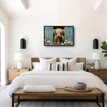 Large Farmhouse Highland Cow Country Wall Art for Living Room, Floral Canvas Oversized Wall Decor, Daisy Flower Animal Framed Pictures Painting Print Artwork for Bedroom Office 36"L x 24"W