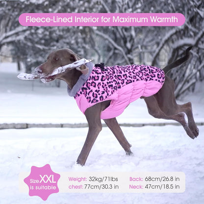 FUAMEY Dog Coat for Large Dogs,Waterproof Dog Winter Jacket with Harness Built in Puppy Cold Weather Coats Reflective Pet Vest with Zipper Warm Fleece Dogs Snowsuit Windproof Pink Leopard XXXL