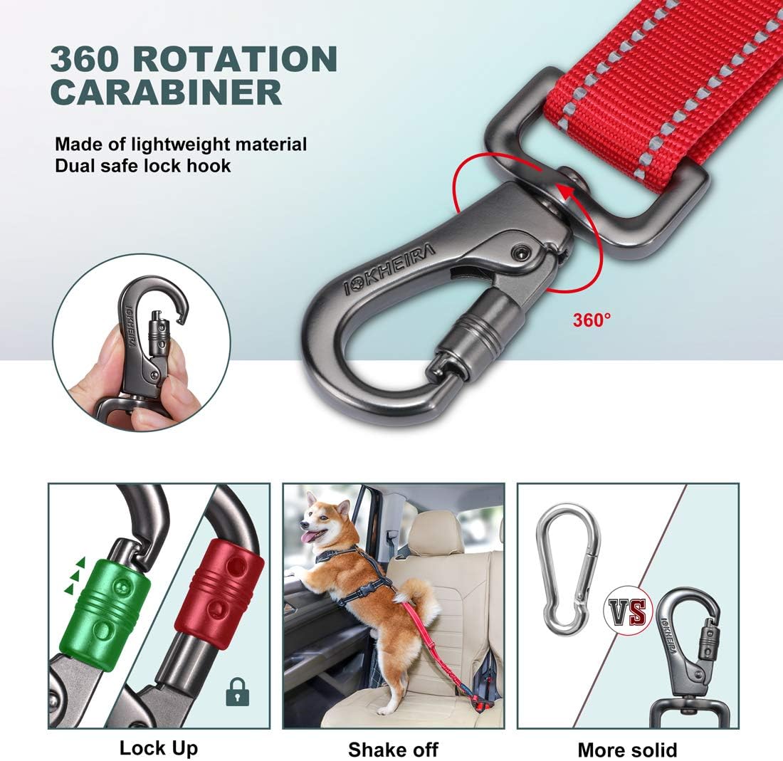 IOKHEIRA Dog Seat Belt 3-in-1 Car Harness for Dogs Adjustable Safety Seatbelt for Car Durable Nylon Reflective Bungee Fabric Tether with Clip Hook Latch & Buckle, Swivel Zinc Alloy Carabiner Red