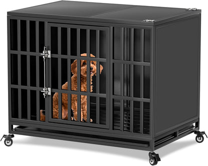 38 inch Heavy Duty Dog Crate with Self-Locking Latch, Indestructible Steel Large Kennel with Enclosed Design, Chew-Proof and Escape-Proof Pet Cage for High Anxiety Dogs