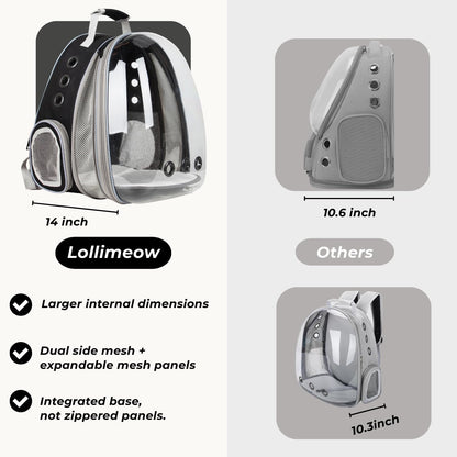 Lollimeow Cat Carrier Backpack, Bubble Expandable Backpack Carrier, Pets and Small Dogs,Airline-Approved, Designed for Travel, Hiking, Walking & Outdoor Use (Front Expandable-Black)