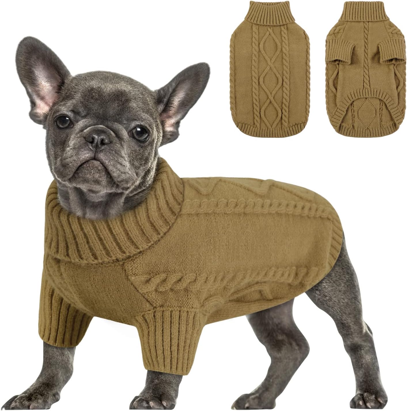 Queenmore Small Dog Pullover Sweater, Cold Weather Cable Knitwear, Classic Turtleneck Thick Warm Clothes for Chihuahua, Bulldog, Dachshund, Pug (Light Brown, X-Small)