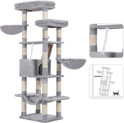 Heybly Cat Tree, 68 inch Multi-Level Cat Tower for Indoor Cats, 2 Widened Plush Perches Cat Condo with Scratching Board and Big Caves, Light Gray HCT025W