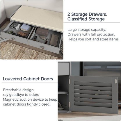 Shoe Storage Bench with 2 Drawers & 2 Doors, Entryway Bench with Cushion, 2 Adjustable Shelves, Shoe Cabinet for Entryway, Living Room, Hallway, Mudroom, Bedroom, Grey