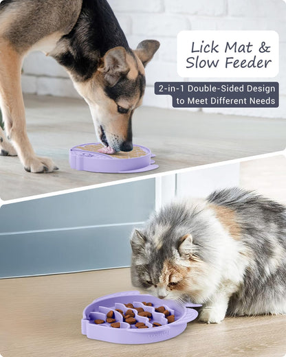 Coomazy 2-in-1 Silicone Slow Feeder Dog Cat Bowls, Lick Mat Interactive Puzzle Toy for Pets Dry/Wet Food Training, Keeps Dogs Cats Busy, Prevents Puppy Kitty Overeating (Purple, 1.2 Cup)