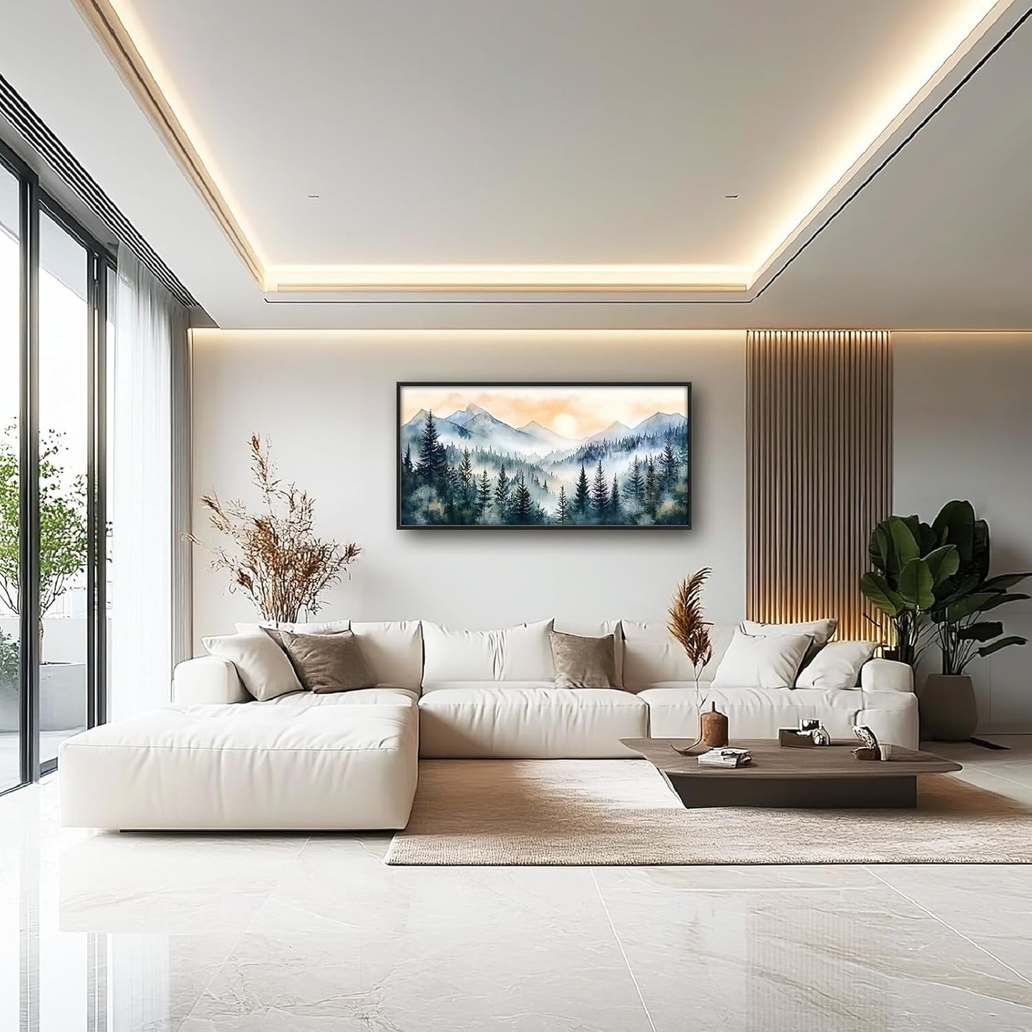 Large Misty Mountain Forest Wall Art for Living Room, Framed Foggy Sunrise Landscape Wall Decor Oversized Watercolor Canvas Painting Modern Artwork Home Decoration for Bedroom Office 60"x30"