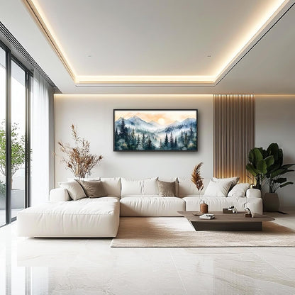 Large Misty Mountain Forest Wall Art for Living Room, Framed Foggy Sunrise Landscape Wall Decor Oversized Watercolor Canvas Painting Modern Artwork Home Decoration for Bedroom Office 60"x30"