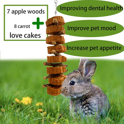 Bunny Carrot Cake Chew Toys,Rabbit Teeth Grinding Hanging Chinchillas Molar Toy Improve Dental Health Natural Apple Sticks for Guinea Pigs Rats Hamsters Gerbils(4 Packs)