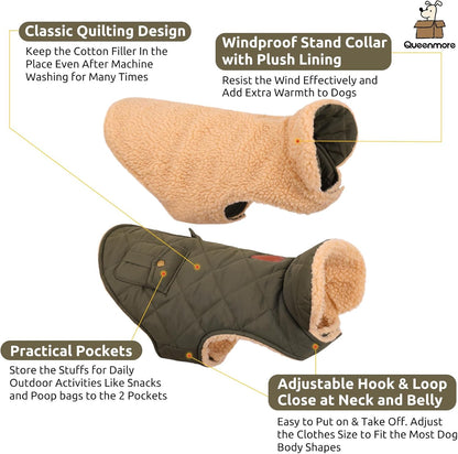 Queenmore Warm Coat for Cold Weather, Quilting Winter Jacket With Ultra Thick Plush Lining and Storage Pockets (Green, X-Large)