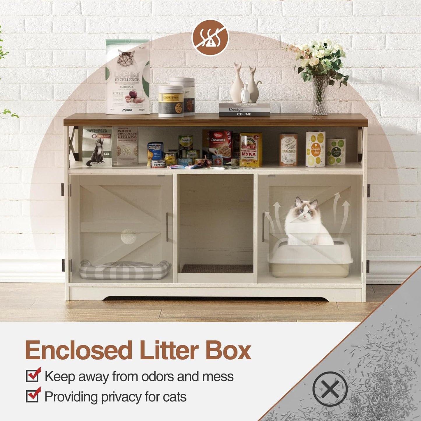 Cat Litter Box Enclosure for 2 Cats, 47" Double Hidden Litter Box Furniture with Scratch Pad, Farmhouse Indoor Litter Box Cabinet Cat Washroom, White