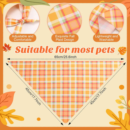 100 Pieces Fall Dog Bandanas Bulk Plaid Bandanas for Dogs Autumn Thanksgiving Soft Doggie Bibs Adjustable Triangle Scarves for Small Medium Large Pet Fall Autumn Costume