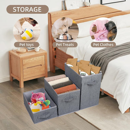 Pet Stairs with Storage, Pet Step for Small Dogs and Cats, 3-Step Folding Pet Steps with Zip, Cat Stairs Dog Steps for Bed, Couch and Car Ramp (Gray, 3 Steps no Condo)