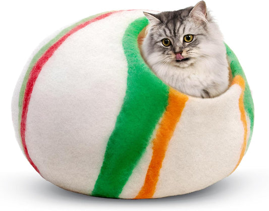 Woolygon Premium Felt Cat Cave Bed – Wool Kitty Beds Handcrafted Kitten Caves Bed for Indoor Cats - Made from 100% Eco-Friendly Merino Wool, Foldable Cat Hidewawy Covered Cat House Pod (Candy Swirl)