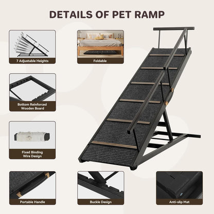 Pet Ramp Folding Portable Wooden Dog & Cat Ramps for Couch or Bed, Including Non Slip Mat & Safety Side Rails, 64.2 Inch Long and Height Adjustable from 13.4 Inch to 38 Inch Up to 110 Lbs