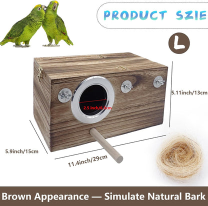 kathson Parrots Nesting Box Parakeet Nest House for Cage Budgie Breeding Hut with Coconut Fiber Bedding Wooden Bird Mating Box for Lovebirds Budgie Conure Cockatoo Cockatiel and Small Medium Parrots