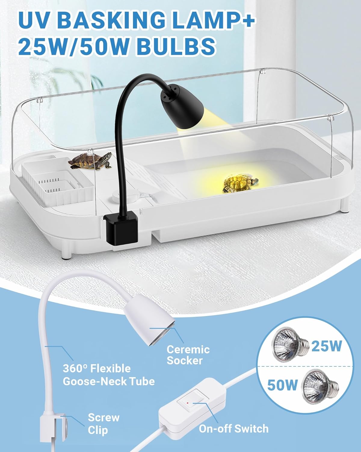 Large Turtle Tank Kit (Tank + Lamp + Filter), Acrylic Turtle Tank Starter Kit, Tank Aquarium with Heightened and Curved Fences, Bottom Drainage, Multi-Function Areas (Black Lamp)
