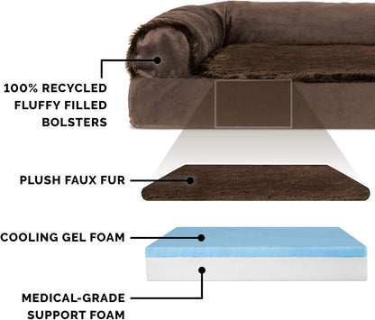 Furhaven Cooling Gel Dog Bed for Large Dogs w/ Removable Bolsters & Washable Cover, For Dogs Up to 125 lbs - Plush & Velvet L Shaped Chaise - Sable Brown, Jumbo Plus/XXL