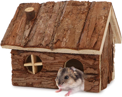 Hypeety Natural Wooden Hamster House Cage Small Animals House with Chimney for Pet Rats Gerbil Hideout Play House (S)