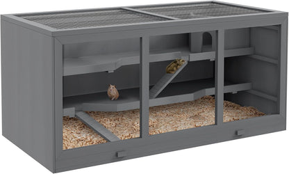 PawHut 45" Extra Large Wooden Hamster Cage, 3-Layer Chewproof Rat Cage with Opening Roof, Hut, Ramps, for Gerbil, Dwarf & Syrian Hamsters, Gray