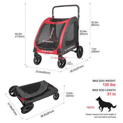 Large Dog Travel Stroller with 4 Heavy Duty Wheels Pet Stroller with Adjustable Handle - Double Doggie Capacity Jogger Wagon with Back Front Door for Small Medium Large Dogs (Red-Black)