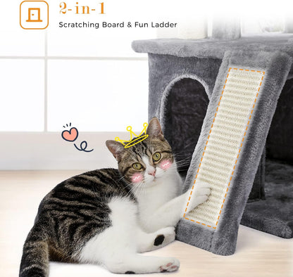 PAWZ Road 34 Inches Cat Tree Multilevel Cat Tower with Double Condos, Spacious Perch, Fully Wrapped Scratching Sisal Post and Replaceable Dangling Balls Gray