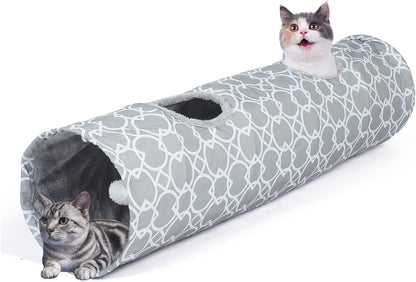 LUCKITTY Geometric Straight Cat Tunnel with Plush Inside,Cats Toys Collapsible Tunnel Tube with Balls, for Rabbits, Kittens, Ferrets,Puppy,Diameter 11.8 Inch