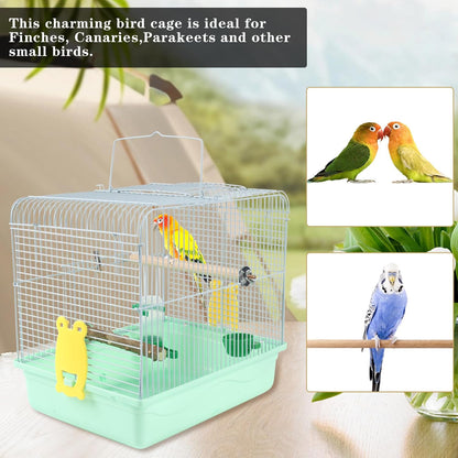 Portable Bird Cage for Small Birds - Green Bird Cage for Travel, Going Out, Walking to The Vet with Station Pole Food Box Water Fountain