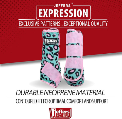 Jeffers Expression Protective Horse Boots 1 Pair, Party Cheetah, Large - Safe Neoprene Leg Guards, Comfortable Fit, Durable Strap Closures, Front & Hind Support, Accessories for Travel & Riding