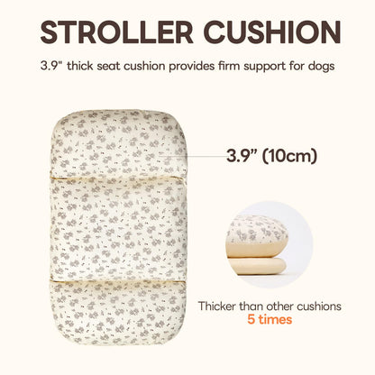 Dog Stroller Cushion & Mat, Pet Stroller Cushion for Dogs & Cats, 5-Level Waterproof & Removable Inner Core, Dog-Ergonomic 3-Zone Support, 4-inch Thickness (Flower Set)