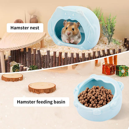 Bear-Shaped Hamster Hideout & Food Bowl Set - Ceramic Habitat for Syrian Dwarf Hamsters, Mice, Gerbils - All-Season Use, Chew-Proof Ceramic House and Feeding Dish for Small Pets(Blue)