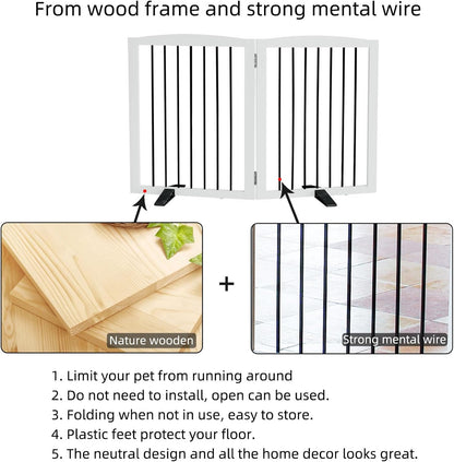 ZJSF Freestanding Panel Dog Gate for Indoor, Doorways,Stairs, or Hallways,Foldable Wooden White Pet Gates for House,Pet Gate for Dogs,Dog Fence, Puppy Gate,Support Feet Included, 32 "Height-2 Panels