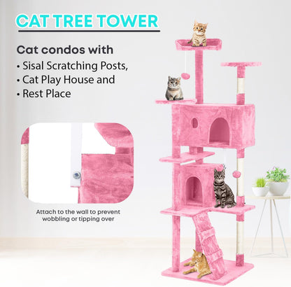 FDW Cat Tree 70in Cat Tower Multi-Level Durable Cat Scratching Post & Cozy Fun Cat Jumping Platform Space Saving Cat Condo Pet Play House for Indoor Cats,Pink