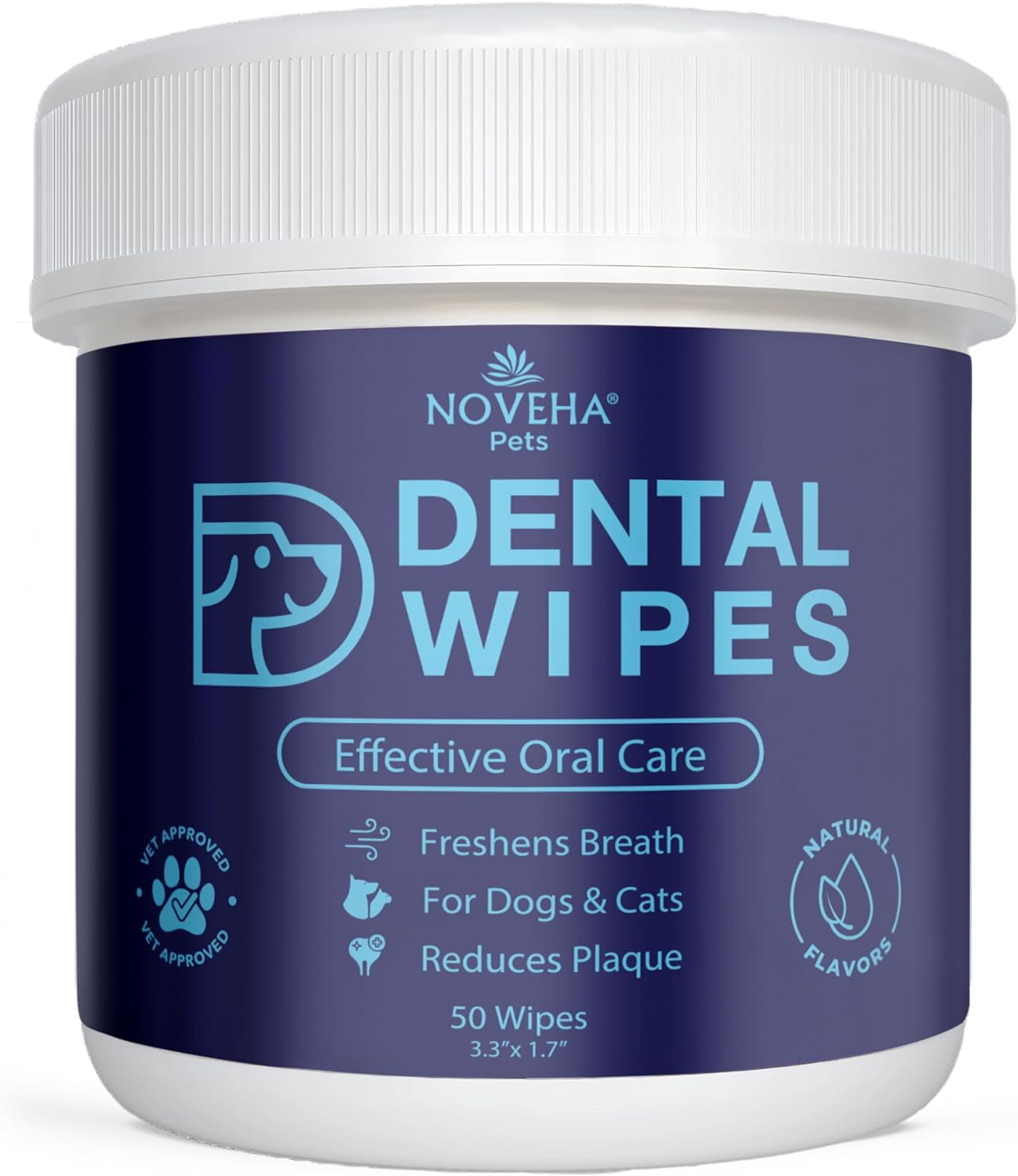 NOVEHA Pets Dental Finger Wipes for Dogs & Cats | Freshens Breath, Reduces Plaque | Healthier Gums | Clean Teeth No Toothbrush | Vet Recommended Effective Natural Oral Care (50 pcs, Flavor-Free)