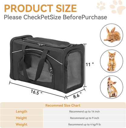 ‌Petsfit Airline Approved Pet Carrier for Small Cats, 16.5x8.6x11 TSA Approved Carrier, with Removable Dual-Sided Padding (2-Way Placement) - Fits Under Most Airplane Seats, Escape Proof (Black)