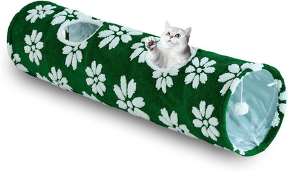 Straight Cat Tunnel for Indoor Cats 47"x12", Cute Cat Toys Collapsible Tunnel Tube with Balls for Puppy Kitten Rabbit, Green Flower