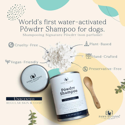 Unscented Dog Dry Shampoo, Powder Shampoo for Dogs, Regular Skin & Coat, 3.5 oz with Bamboo Spoon