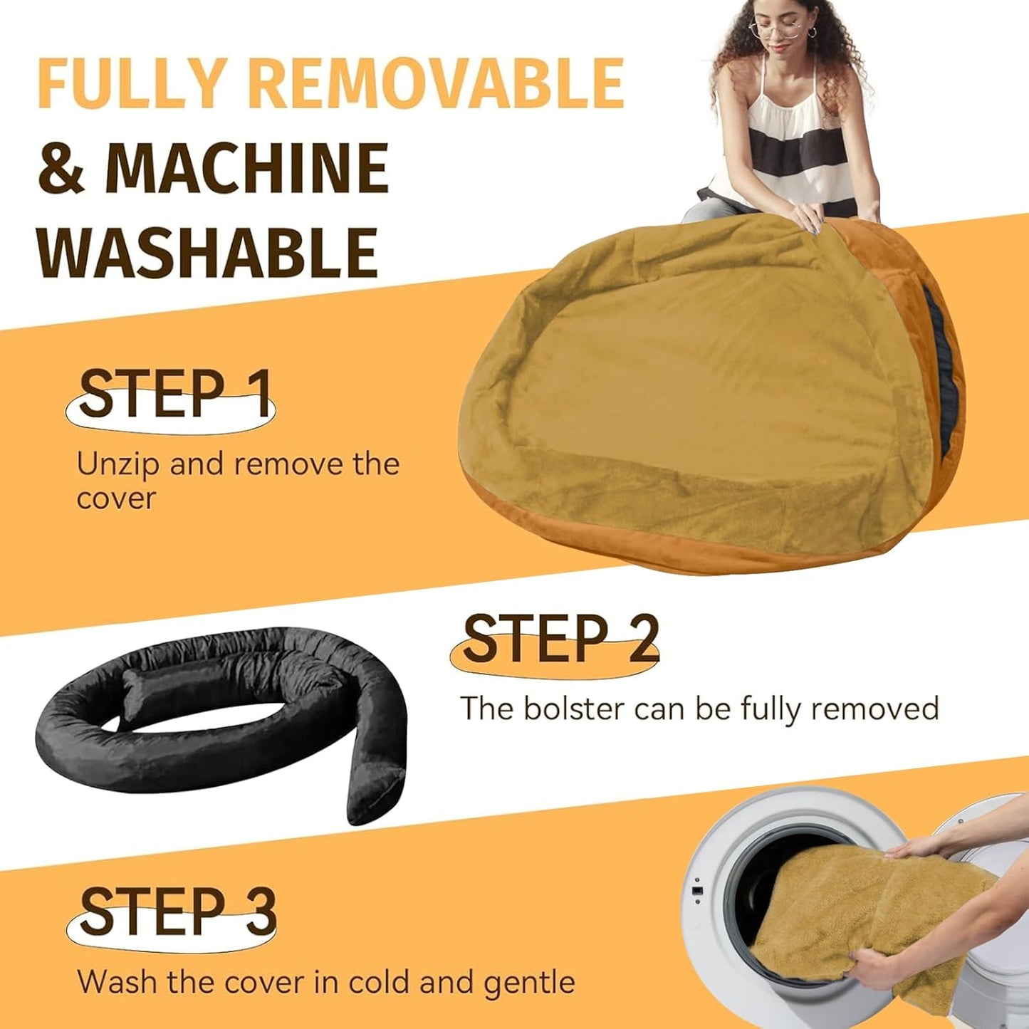 Orthopedic Waterproof Large Dog Bed: Memory Foam Washable Dog Bed with Bolsters - XXL Orthopedic Removable Cover for Medium Large Sized Pet - Non-Slip Bottom - Orange