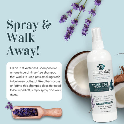 Lillian Ruff Waterless No-Rinse Dog Dry Shampoo Spray with Hydrating Essential Oils - pH-Balanced Dry Shampoo for Dogs - Clean, Condition, Detangle & Deodorize Dry, Sensitive Skin (Gallon)