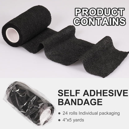24 Pack Self Adhesive Bandage Wrap, 4” x 5 Yards Cohesive Medical Tape Elastic Grip Tape Black Sports Tape Athletic for Ankle, Wrist Sprains, Pet First Aid (Black, 4 Inch)