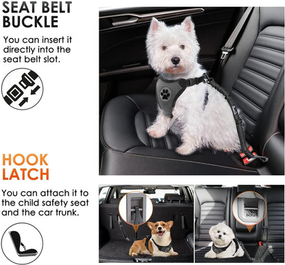 SlowTon Dog Seat Belt, Adjustable Dog Safety Belt Leash, 2 in 1 Latch Bar Attachment Dog Car Seatbelt with Elastic Nylon Bungee Buffer, Reflective Nylon Belt Tether Connect to Dog Harness (2Black)