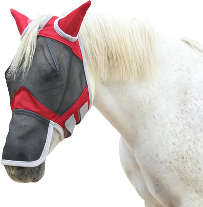 Horse Fly Mask with Ears & Long Nose Cover | Forelock Opening for Tangle-Free Mane Care | UV Protection & Breathable Mesh | No Rub Fit and Enhanced Visbility for Trail Riding Red Full