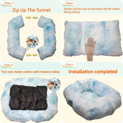 XxingSheep XL Cat Tunnel with Bed for Indoor Cats Peekaboo Cat Cave Donut Toy with Warm Mat,Azure Blue