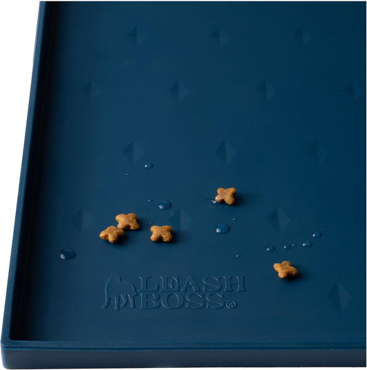 Leash Boss Dog Food Mat for Food and Water Bowls, Waterproof Silicone Pet Feeding Mat for Floors, Extra Tall Raised Edges, Cat and Dog Placemat for Floors, Dishwasher Safe (XL: 25" x 17" - Navy)