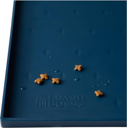 Leash Boss Dog Food Mat for Food and Water Bowls, Waterproof Silicone Pet Feeding Mat for Floors, Extra Tall Raised Edges, Cat and Dog Placemat for Floors, Dishwasher Safe (XXL: 30" x 22" - Navy)