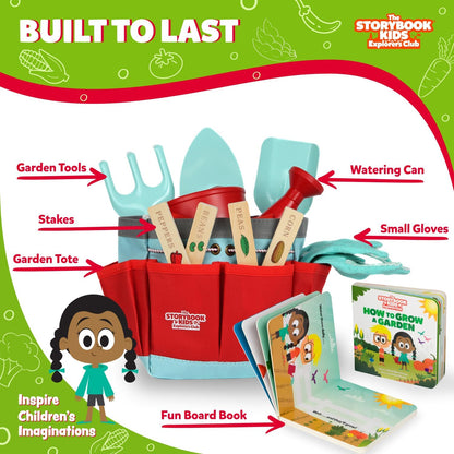 Matching Board Book - Red Kids Gardening Tools Set Includes Sturdy Tote Bag, Watering Can, Shovel, Rake, and Trowel - Garden Storybook - Kids Garden Tools- Easter Gifts for Toddler Age on up.